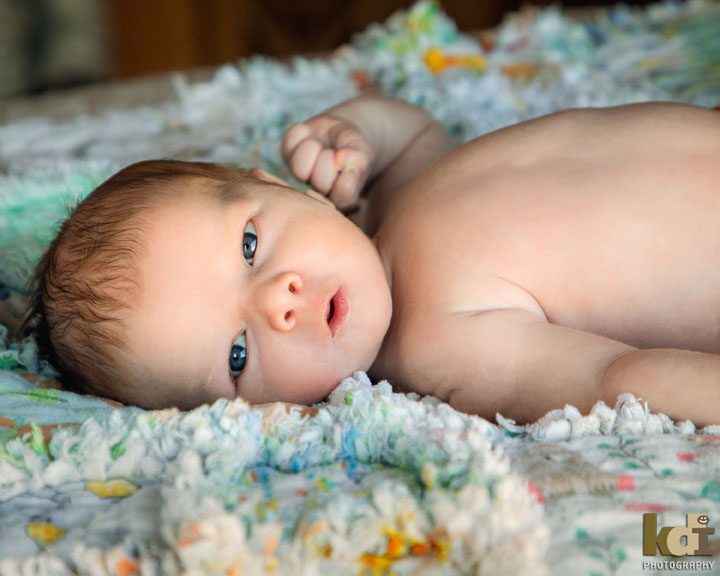 newborn baby boy on blanket with eyesopen at camera, Flagstaff, AZ