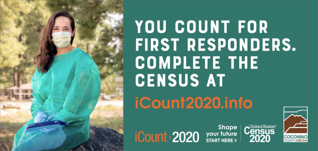 First responder, providing COVID-19 testing in Flagstaff, Coconino County and City of Flagstaff ad for the 2020 Census.