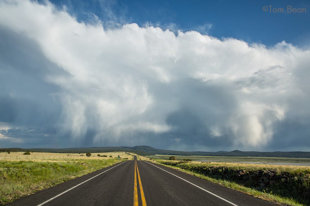 Cumulonimbus storm clouds with falling rain over Anderson Mesa with Lake Mary Road, FS#3, view near Mormon Lake overlook, June 22, 2019, Coconino National Forest, south of Flagstaff, Arizona