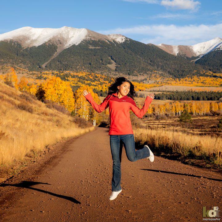 Young Woman Jumping, Senior photos, Fall in Flagstaff, AZ KDI Photography