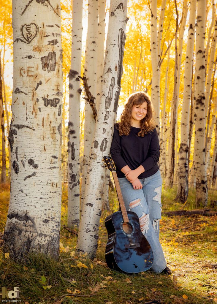 Fall senior photos, Flagstaff High School graduating class of 2023, mountain location session with guitar, KDI Photography