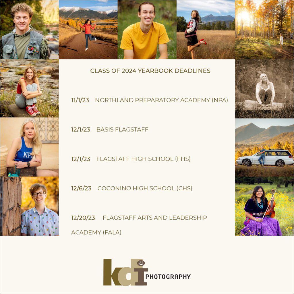 Class of 2024 Senior Photo Yearbook Deadlines, KDI Photography, Flagstaff, AZ