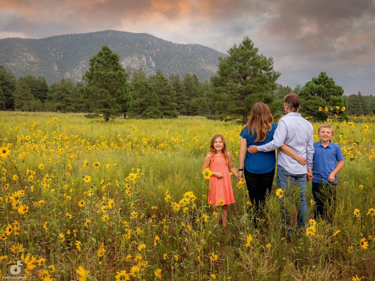 Family in the Sunflowers at Sunset, with kids looking back at camera, Flagstaff, AZ, by KDI Photography