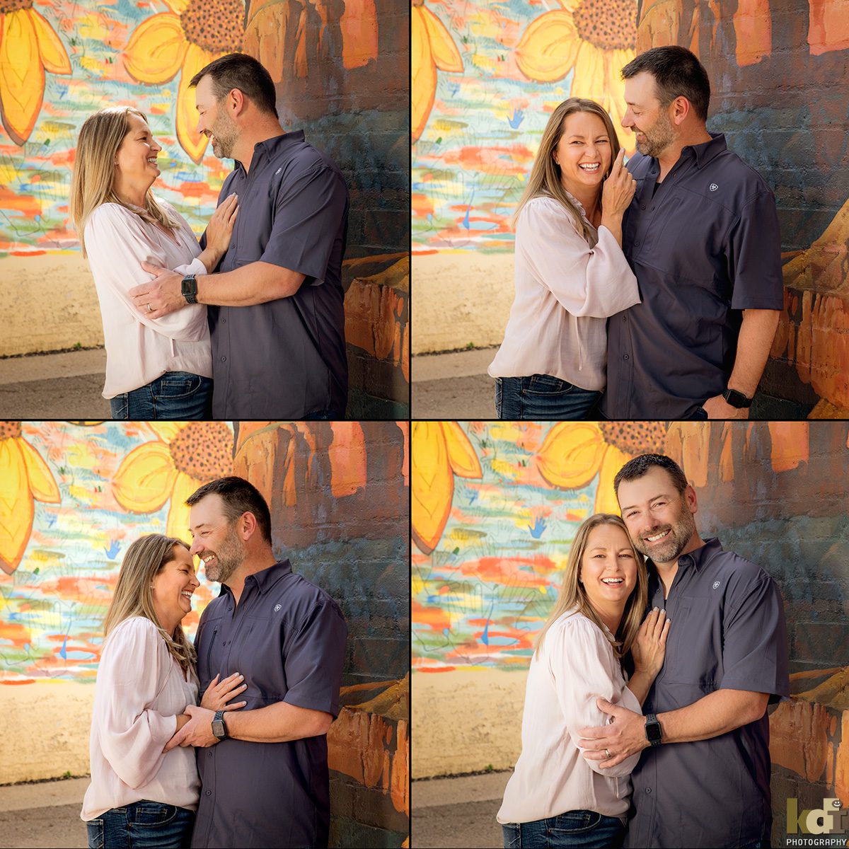 Series of photos of married couple laughing and interacting, with mural behind them, Downtown Flagstaff, AZ Portraits by KDI Photography