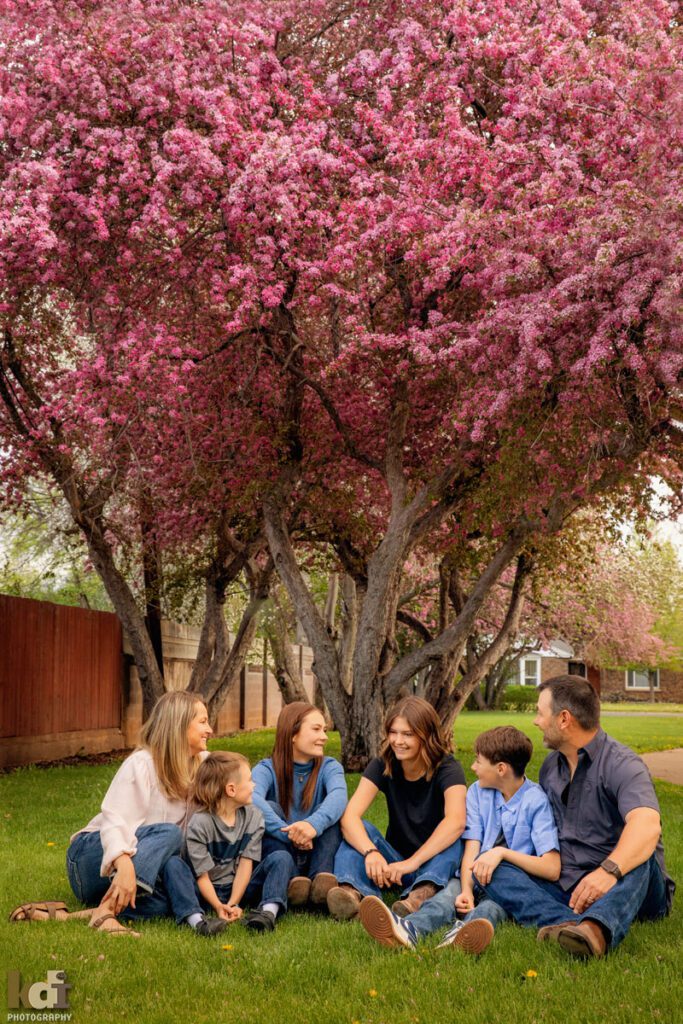 Portrait of family of six, laughing and talking under flowering trees, Downtown Flagstaff, AZ Portraits by KDI Photography