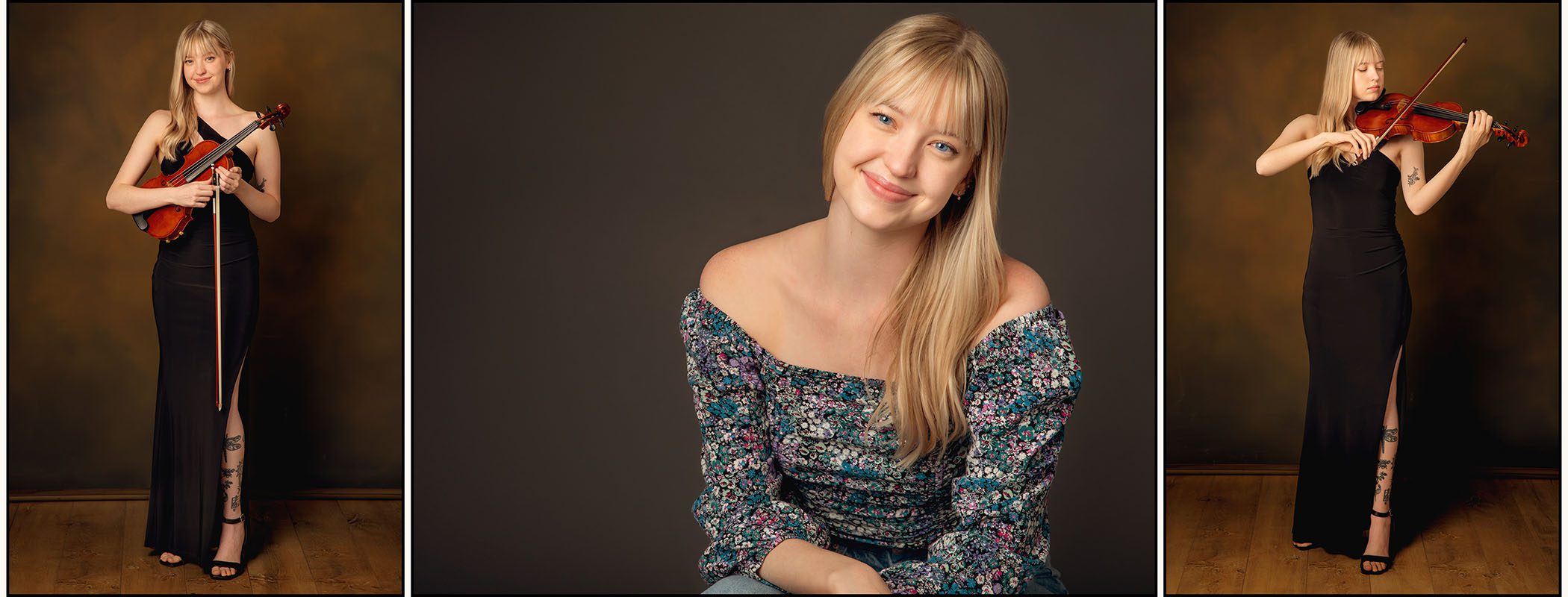 Three Color Portrait sof Smiling Young Woman in a Black Evening Gown, Holding Violin, in Blue Print Strapless Top, and Playing the Violin, College Senior Photos in Flagstaff, AZ by KDI Photography