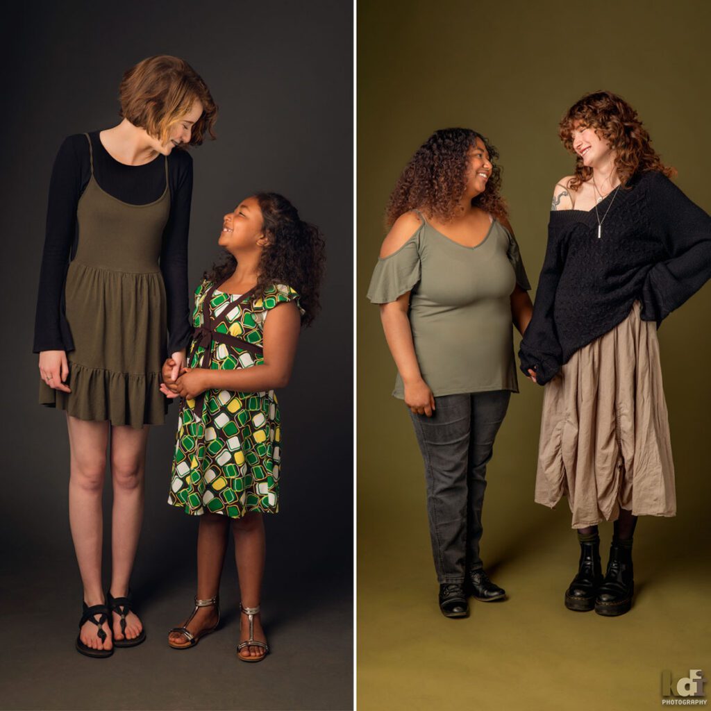 Two Sisters Look at each other in Studio Portrait in Flagstaff, AZ by KDI Photography, Flagstaff Family Photographer, Before and After Diptych Showing the Sisters Growth Over Time