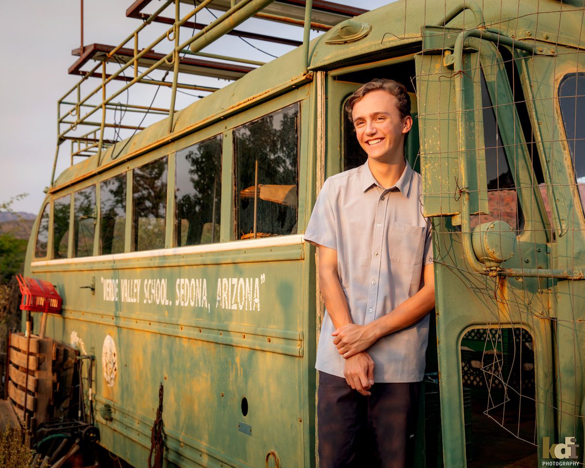 Senior Photos in the Verde Valley School Vintage Bus, in Beautiful Sedona, AZ, by KDI Photography