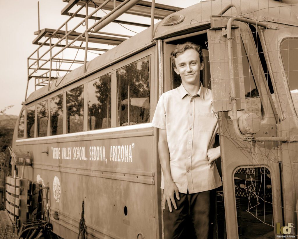 Senior Photos in the Verde Valley School Vintage Bus, in Beautiful Sedona, AZ, by KDI Photography