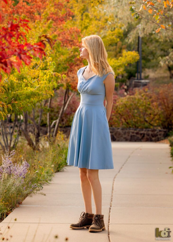 Fall Portrait of A High School Senior in a Blue Dress, at the Lowell Observatory Flagstaff, AZ, by Senior Photographers KDI Photography