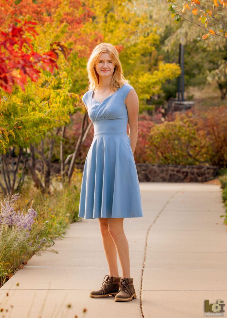 Fall Portrait of A High School Senior in a Blue Dress, at the Lowell Observatory Flagstaff, AZ, by Senior Photographers KDI Photography