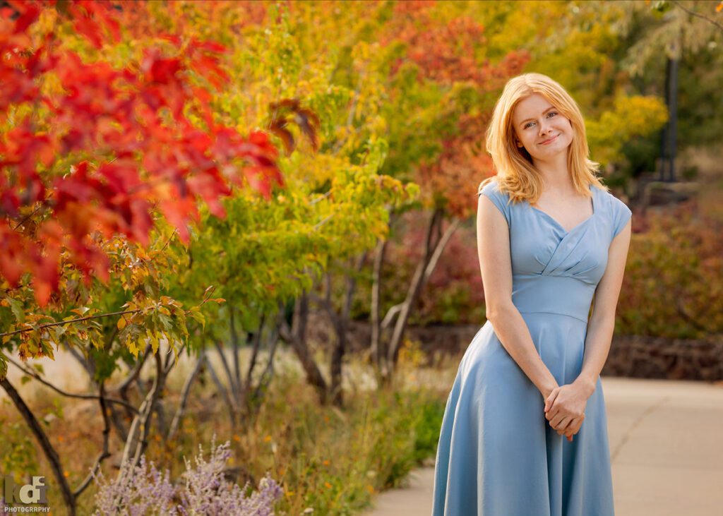 Fall Portrait of A High School Senior in a Blue Dress, at the Lowell Observatory Flagstaff, AZ, by Senior Photographers KDI Photography