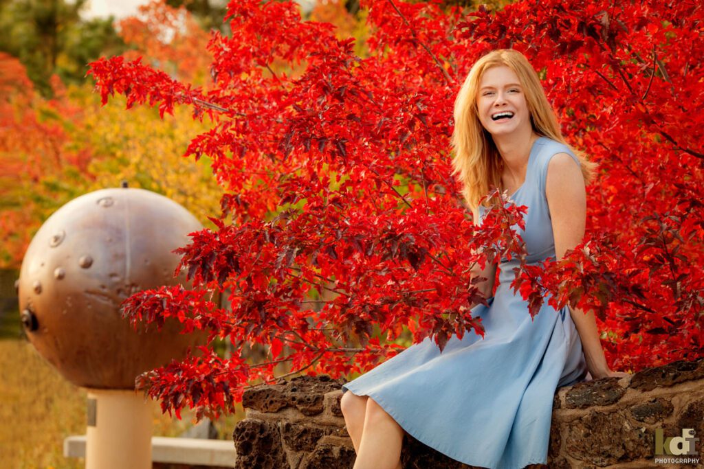 Fall Portrait of A High School Senior in a Blue Dress, at the Lowell Observatory Flagstaff, AZ, by Senior Photographers KDI Photography