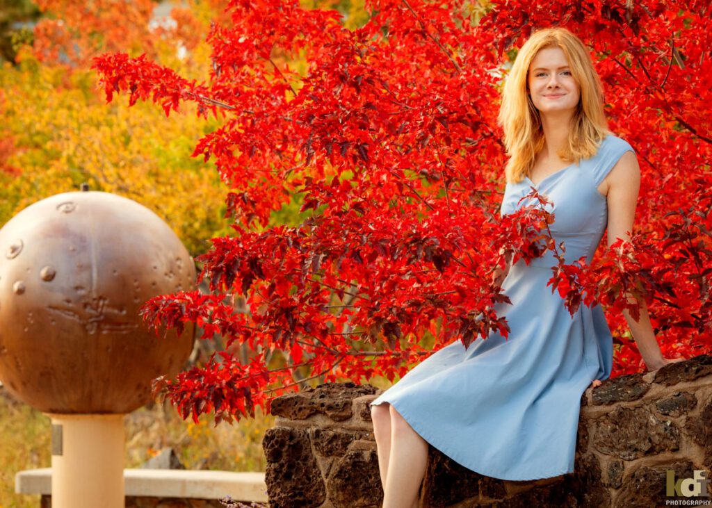 Fall Portrait of A High School Senior in a Blue Dress, at the Lowell Observatory Flagstaff, AZ, by Senior Photographers KDI Photography