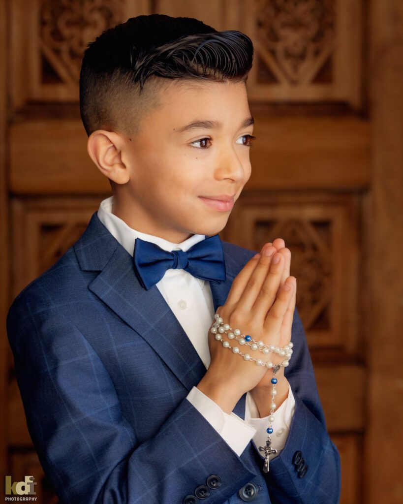 Studio Portrait of Boy Holding Rosary in First Communion Attire, KIds and Family Photos in Flagstaff, AZ © KDI Photography