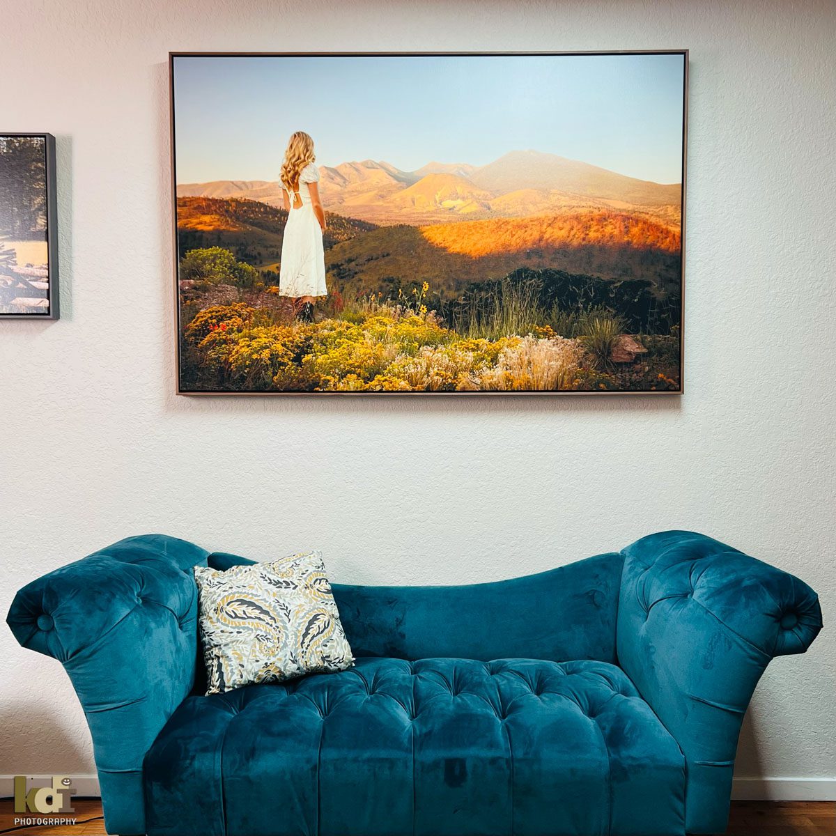 40x60 inch Framed Canvas Wall Art Featuring Senior Portrait of a Girl in White Dress Standing in a Field of Wildflowers Looking Out at the San Francisco Peaks of Northern Arizona, Location Portraits by KDI Photography