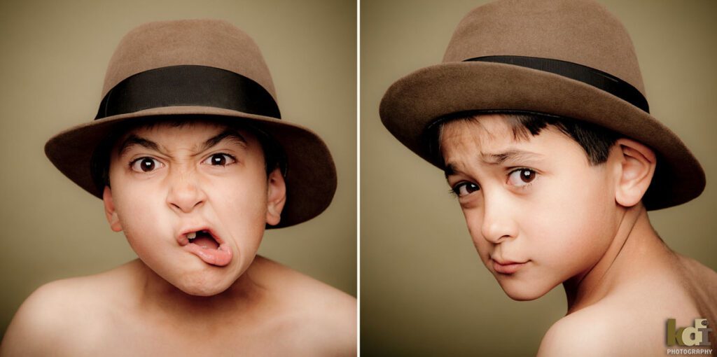 Portrait of a tween preteen boy making silly faces, studio family pictures in Northern Arizona, family photographs by KDI Photography