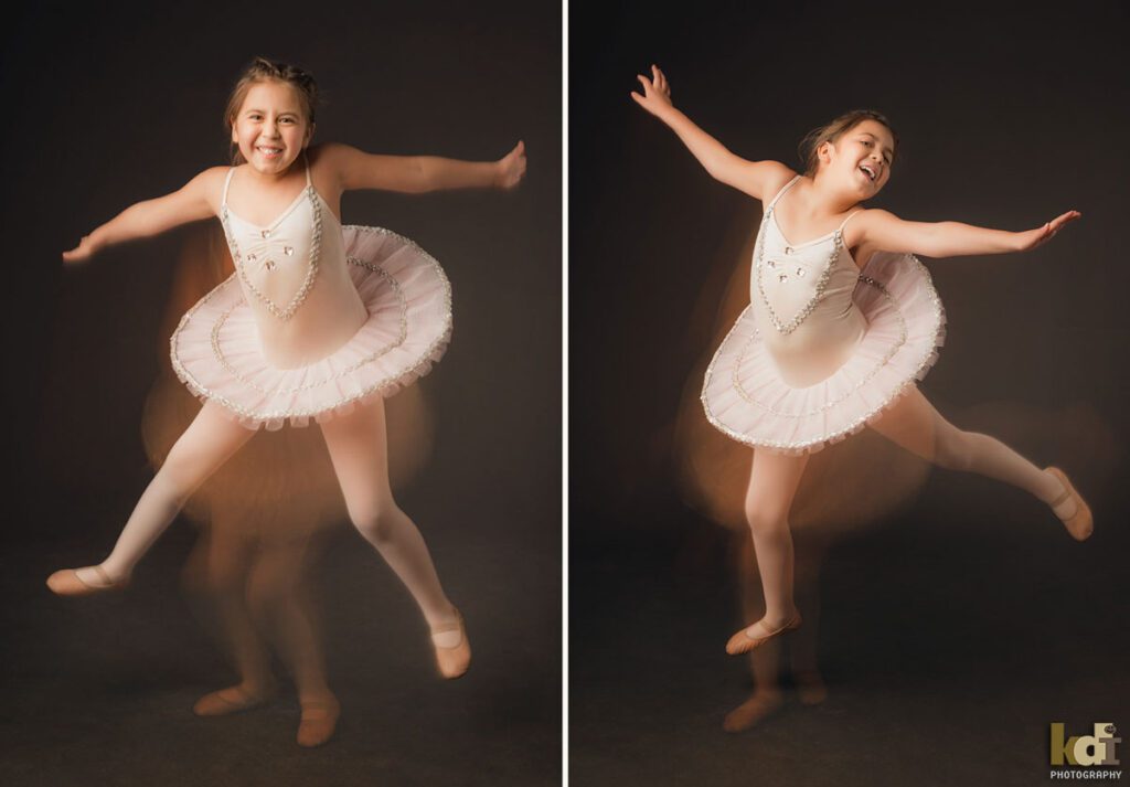 Two color portraits of a tween preteen girl in her tutu, laughing, jumping and dancing, studio family pictures in Northern Arizona, family photographs by KDI Photography
