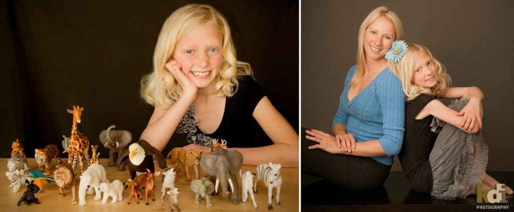 Portrait of a tween preteen girl with her toy collection and snuggled with her mother, studio family pictures in Northern Arizona, family photographs by KDI Photography