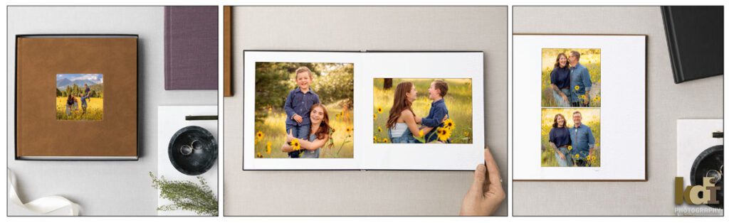 Custom designed Leather covered family photo album, featureing portrait session in a field of flowers with the San Francisco Peaks, family with son and daughter at sunset in Flagstaff Arizona, location portraits by KDI Photography