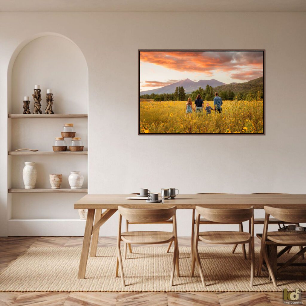 Framed canvas wall art that features a family photo session in a field of flowers with the San Francisco Peaks, family with son and daughter at sunset in Flagstaff Arizona, location portraits by KDI Photography