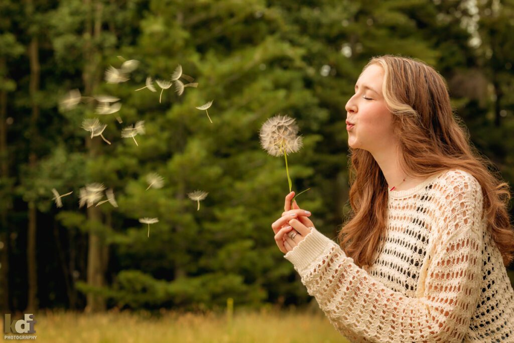 high school senior photo showing girl with reddish light brown hair wearing an off-white sweater, blowing a large dandelion, as the seeds (pappus) blow away, with Ponderosa trees in the background, portrait in Flagstaff, AZ by senior photographer KDI Photography