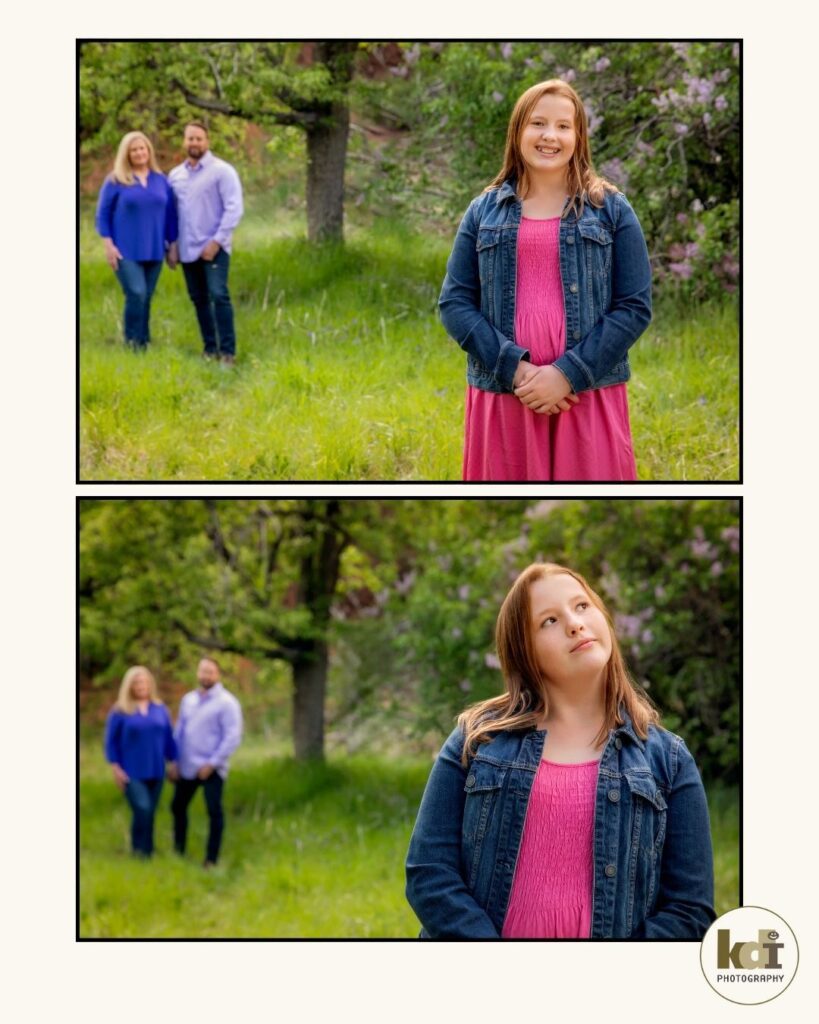Portrait of mother, father standing behind their tween daughter, with lilacs behind them in Sedona AZ, photographic art by KDI Photography.