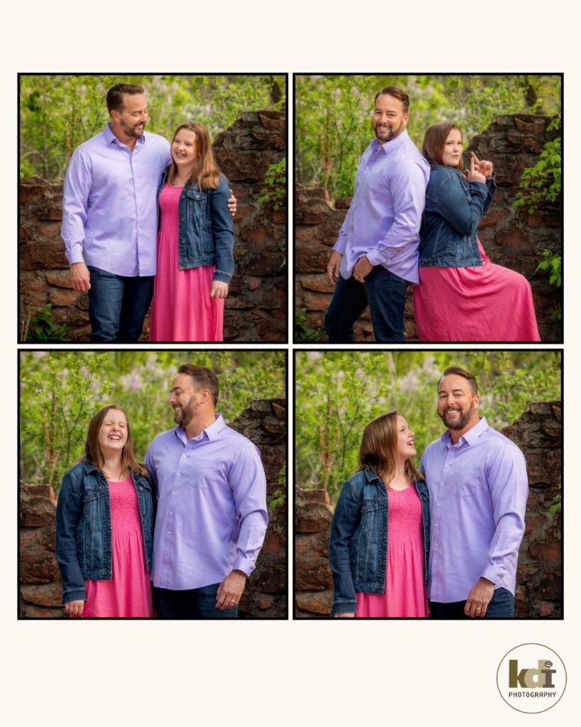 Portrait of father in purple shirt and preteen tween daughter in jean jacket, laughing and goofing around in Sedona AZ, photographic art by KDI Photography.