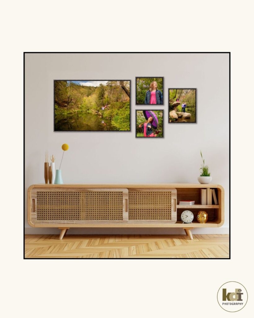 Framed wall art that features photographic art, portraits by KDI Photography showcasing a mother, father and tween daughter standing on rocks by a creek in Sedona AZ