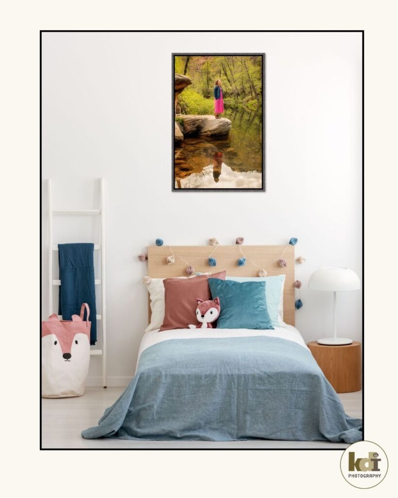 Framed wall art that features photographic art, portraits by KDI Photography showcasing a tween girl in jean jacket, standing on rocks by a creek in Sedona AZ