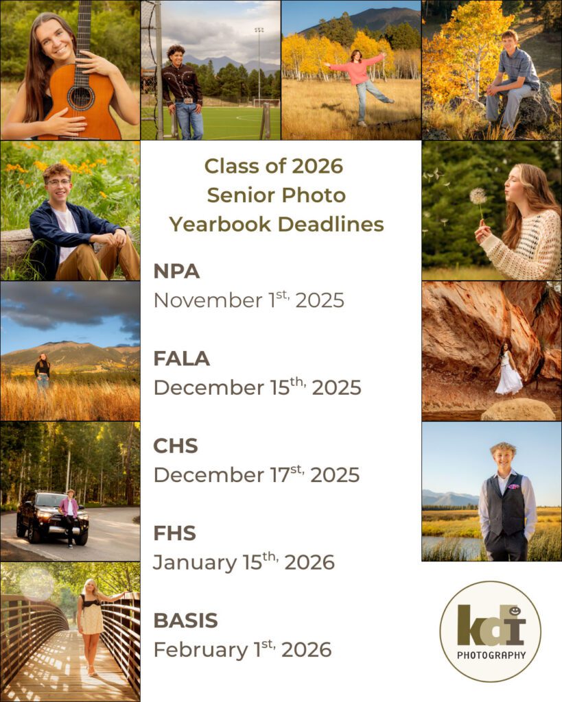 The yearbook deadlines for the major Flagstaff area high schools for the class of 2026, with senior photo examples, by Flagstaff photographer, KDI Photography.