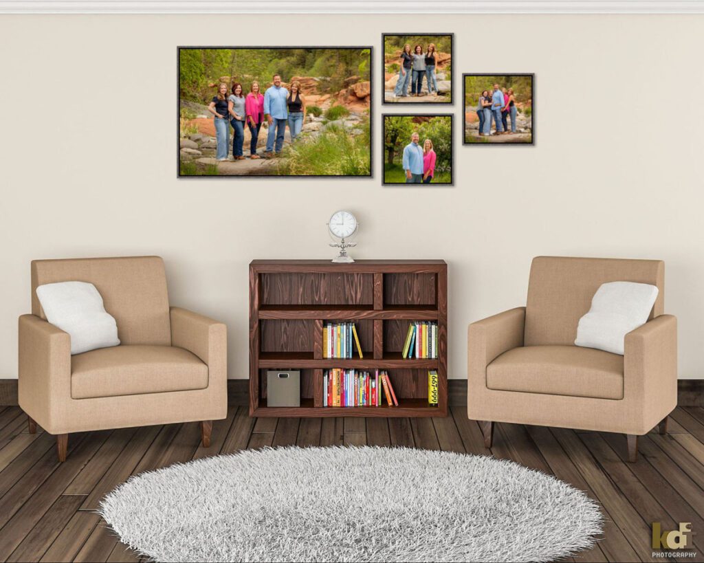 Framed photographic wall art by Flagstaff photographic artist KDI Photography that features a family of 5 with three adult daughters, color family photos in Sedona, AZ