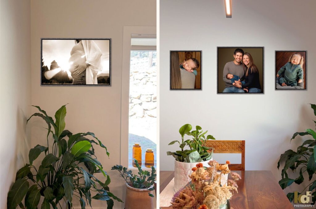 Framed, installed wall art that features black and white maternity portrait on location and color newborn photography, portraits of a new baby boy in his parents' arms, in a photo studio in Flagstaff by newborn and family photographer, KDI Photography
