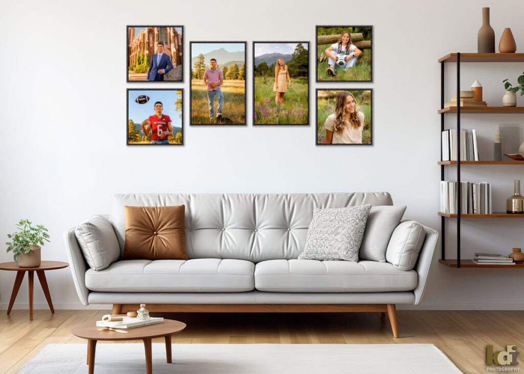 Framed photographic wall art that features senior photos of a boy shown in front of his church, with his football and with the San Francisco Peaks, by Flagstaff family photographer KDI Photography