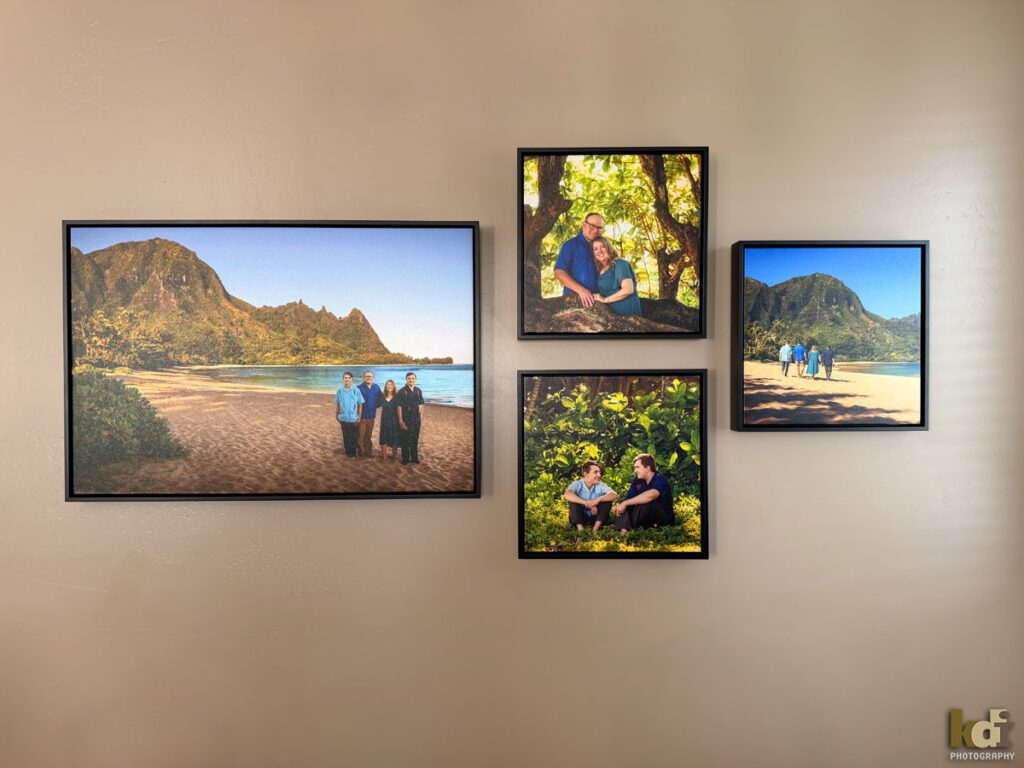 Wall art featuring family portraits of a husband, wife and two teen boys, near the the ocean, on a beach in Hawaii, location family photos by Flagstaff photographers KDI Photography.