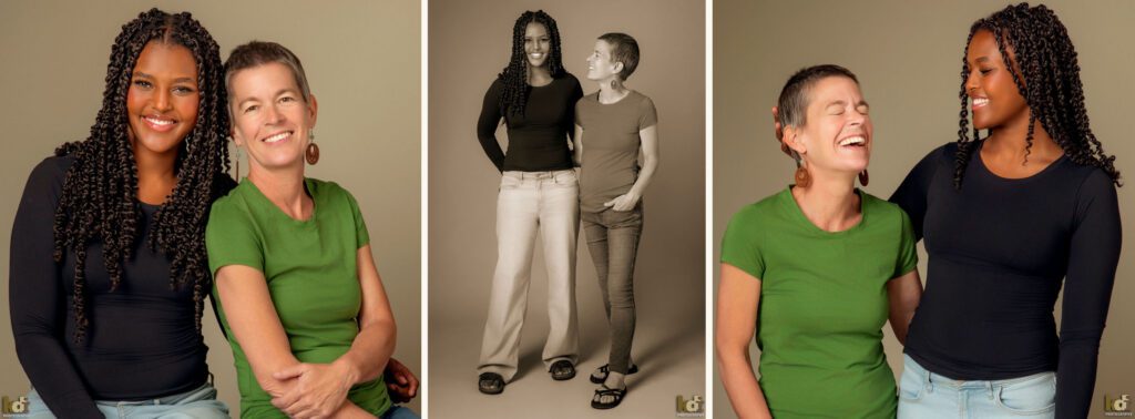 Black and white and color photographs of a studio family photo of a mother with recently shaved hair due to cancer treatment, with her teen daughter, family photography by Flagstaff portrait artist KDI Photography