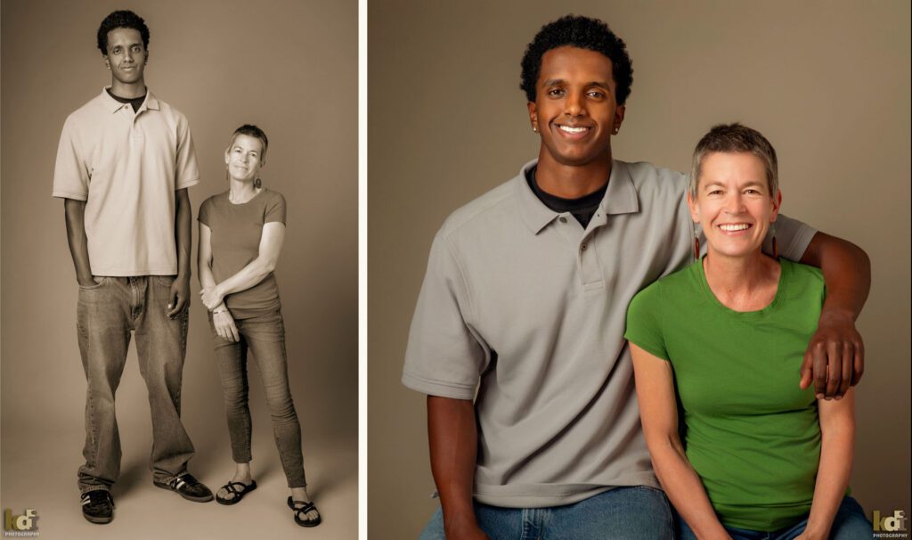 A color and black and white studio family photos of a mother with recently shaved hair due to cancer treatment, with her teen son, family photography by Flagstaff portrait artist KDI Photography