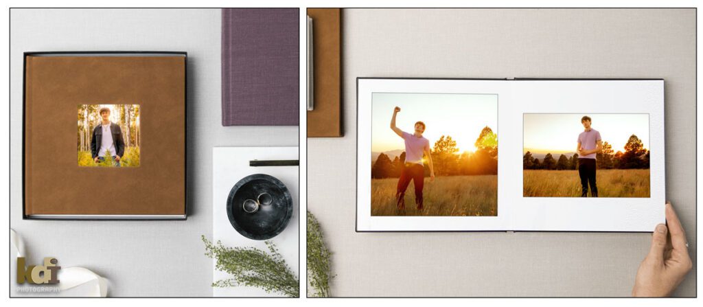 Hand made, custom leather covered photographic print album featuring senior photos of a senior boy in Flagstaff, by Flagstaff photographer KDI Photography