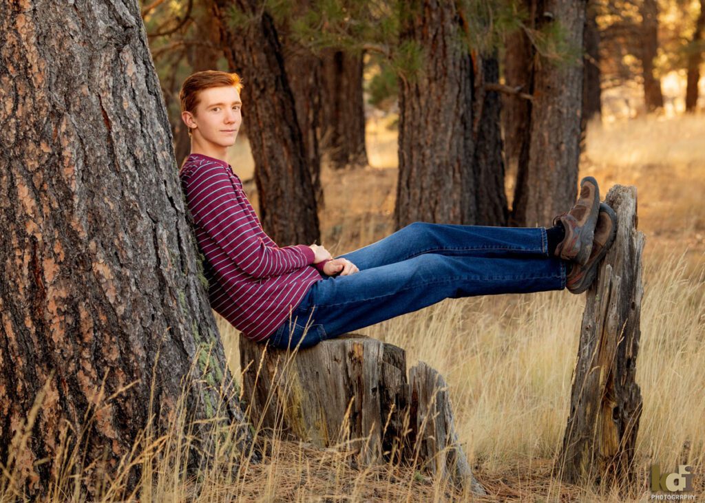 Color portrait of redheaded boy in a red striped shirt, senior in high school, sitting on tree stump as he plays his guitar in the forest, with grasses and Ponderosa trees in the background, location family portraits by Flagstaff photographer, KDI Photography.