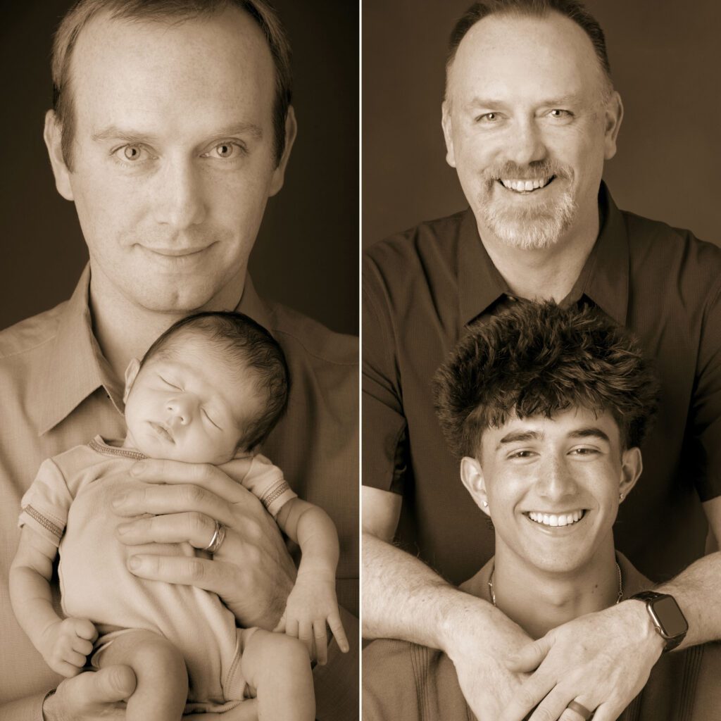 Black and white before and after portraits of a father first holding his newborn son and then later, the father with his now teenage son, studio family photos by Flagstaff photographer KDI Photography