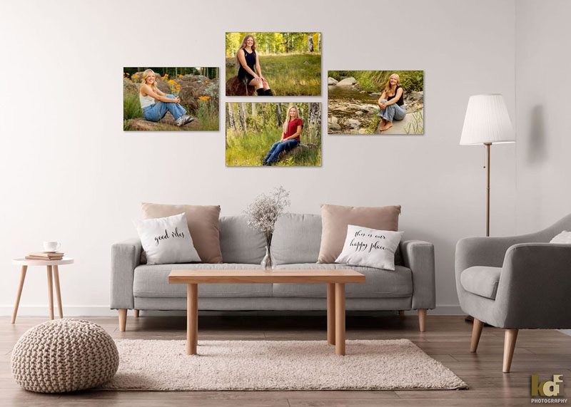 Wall display above a couch with four pieces of wall art that feature each of four sisters, color portraits in the mountains of Northern Arizona and in Sedona, location senior photos by Flagstaff photographers, KDI Photography
