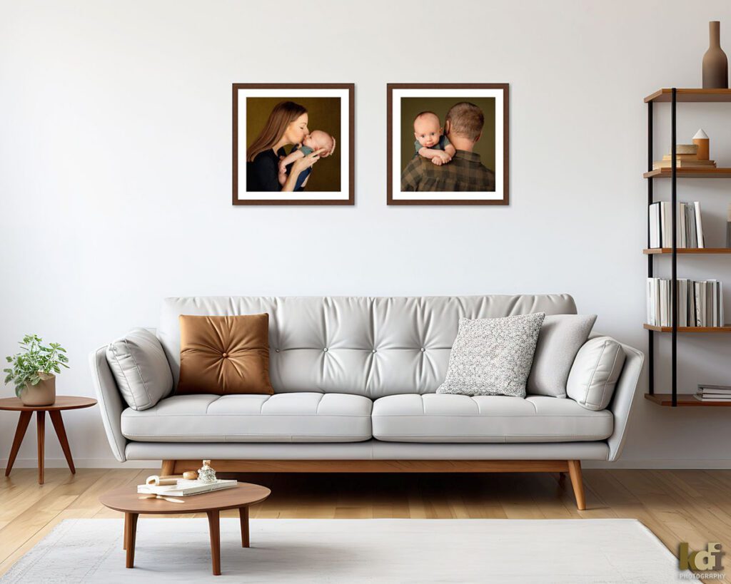 Two framed pieces of photographic wall art featuring a newborn baby. One framed artwork shows a newborn boy peering over his father's shoulder, the other shows a mother holding and kissing her infant son, portraits from a new family photo session, studio portrait in Flagstaff by newborn and family photographer, KDI Photography