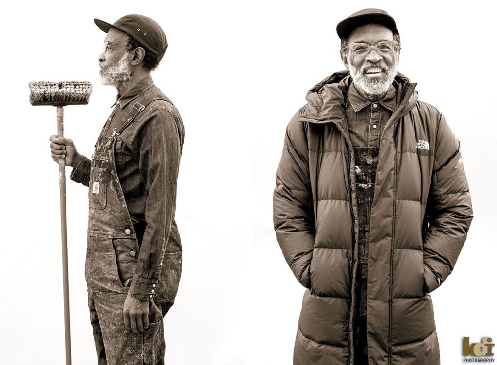 Black and white diptych portraits of artist Chip Thomas, portrayed against a white background, holding his wheat-paste brush, wearing glasses, a hat and his painting overalls, and also laughing in his winter coat, portraits by Flagstaff Photographer, KDI Photography.